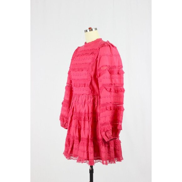 ULLA JOHNSON Amour Fuchsia Pink Cotton Lace Ruffle Balloon Sleeve Dress, Size 6 - Picture 7 of 16